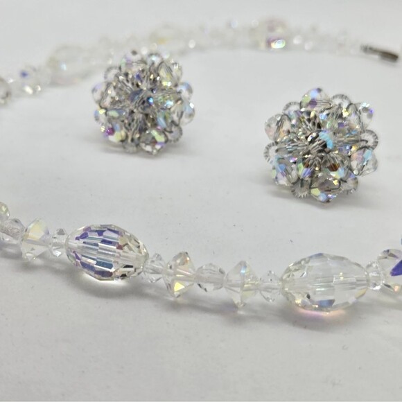 Vintage AB Crystal Necklace and Earrings set. Clip-on Earrings Hook clasp - Picture 4 of 10